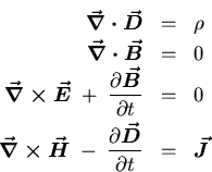 \begin{eqnarray*}\hbox{\boldmath$\vec{\nabla} \cdot \vec{D}$\unboldmath } &=& \r . . . 
 . . . } \over \partial t} &=&
\hbox{\boldmath$\vec{J}$\unboldmath }
\end{eqnarray*}