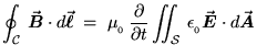 ${\displaystyle \oint_{\cal C} \, \vec{\mbox{\boldmath$B$\unboldmath }} \cdot d\ . . . 
 . . . \mbox{\boldmath$E$\unboldmath }} \cdot d\vec{\mbox{\boldmath$A$\unboldmath }} }$